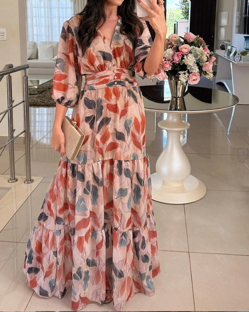 Vestido Acinturado Estampado Longo