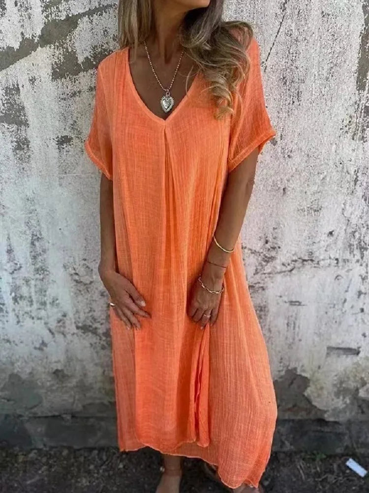 Vestido feminino solto de linho de algodão