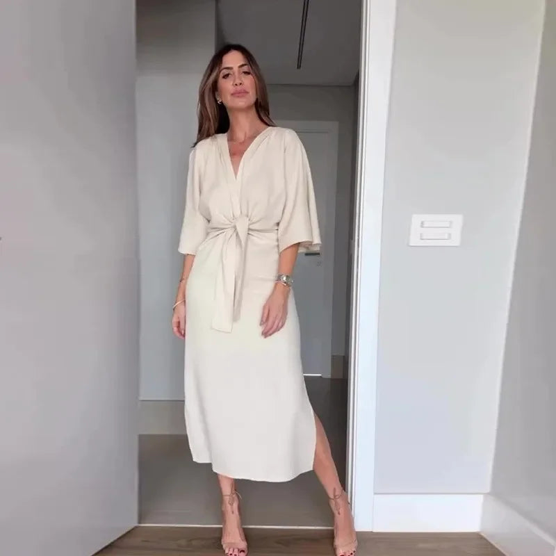 Vestido Midi Manga Três Quartos